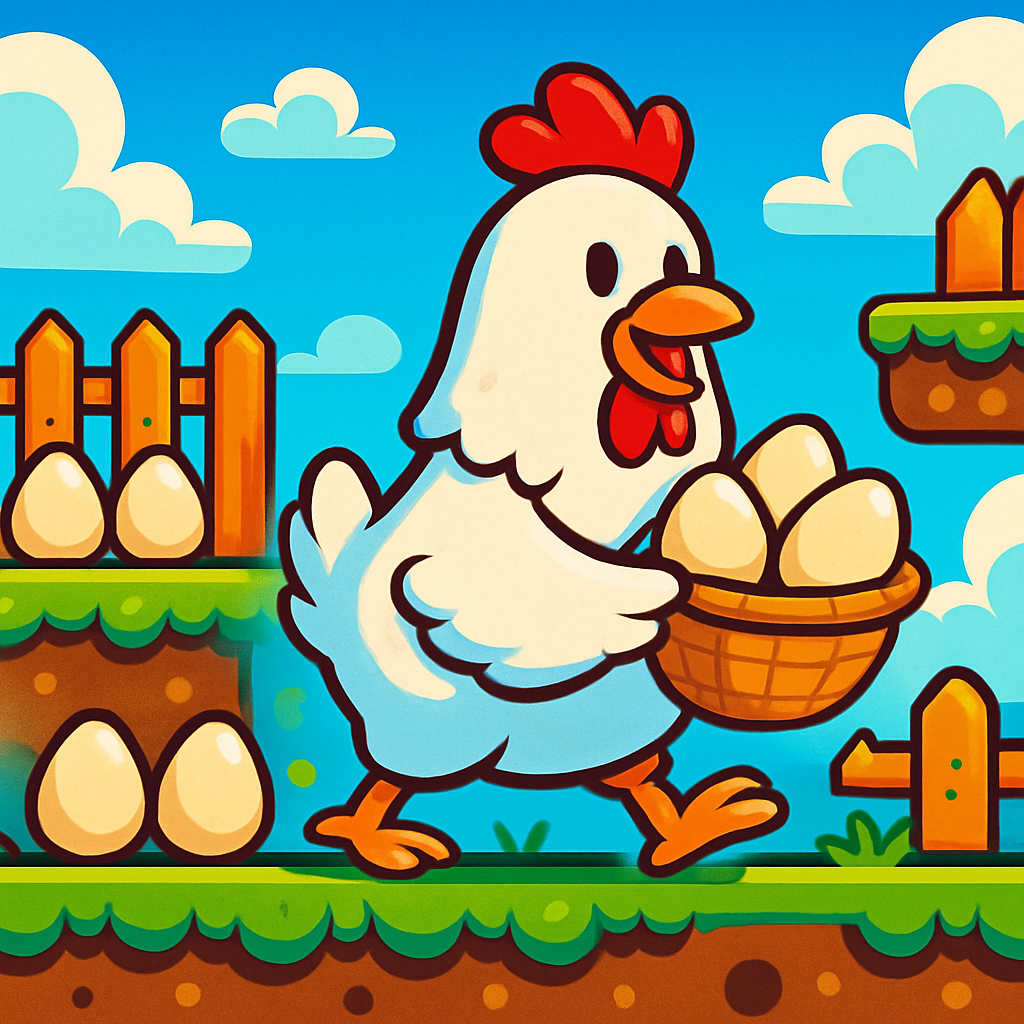 A vibrant illustration of a chicken collecting eggs in a colorful game environment