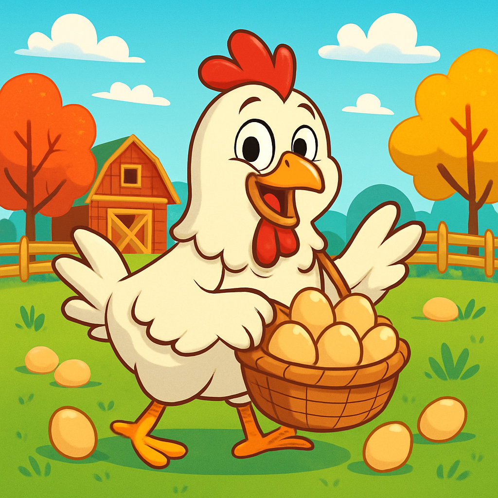 A cartoon chicken collecting eggs in a vibrant farm setting