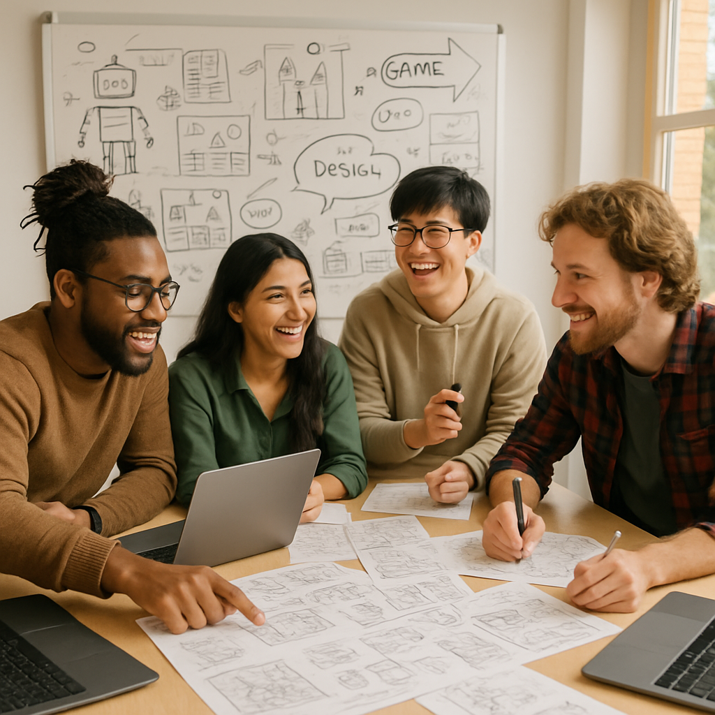 A photo of the game development team brainstorming ideas